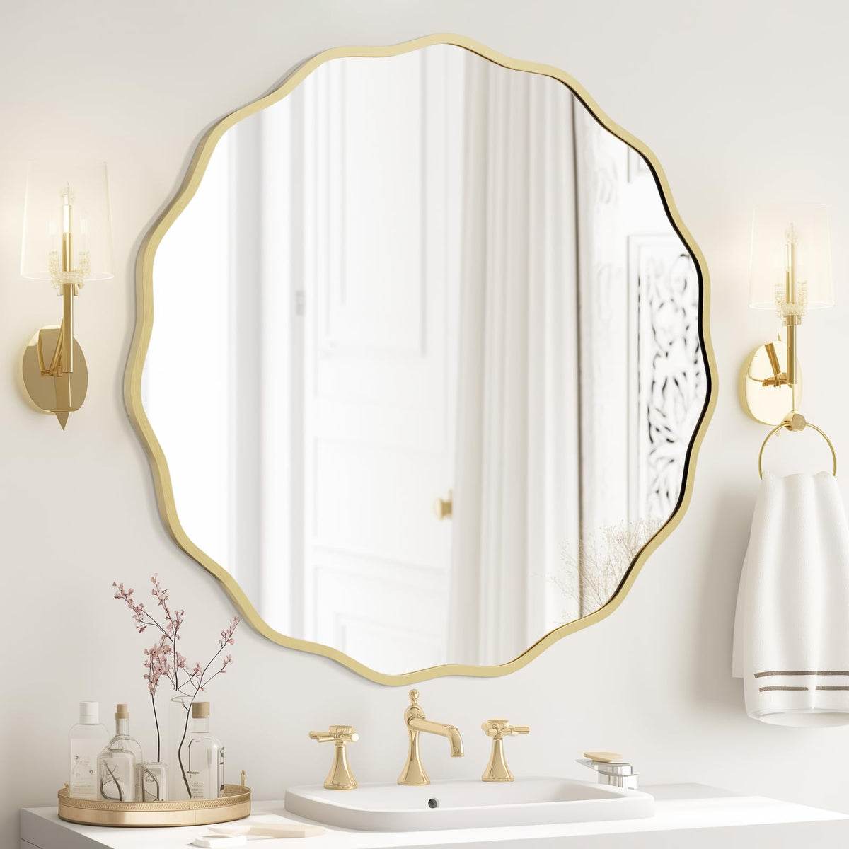 WallBeyond Round Wavy Mirror for Wall Decorative 20 inch, Modern Round Mirror Aluminum Frame for Bathroom Bedroom Living Room Home House Office Entryway, Gold