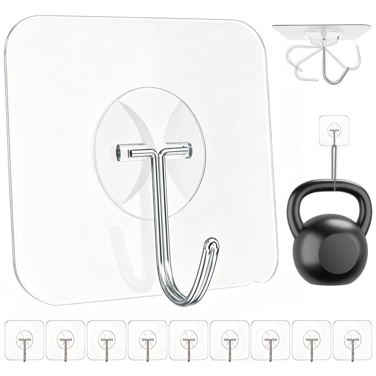 Large Hooks for Hanging Heavy-Duty 44Ib(Max) 10 Packs, Wall Hangers without Nails Self-Adhesive Traceless Clear and Removable, Waterproof and Rustproof Multiple Uses for Bathroom Kitchen Home