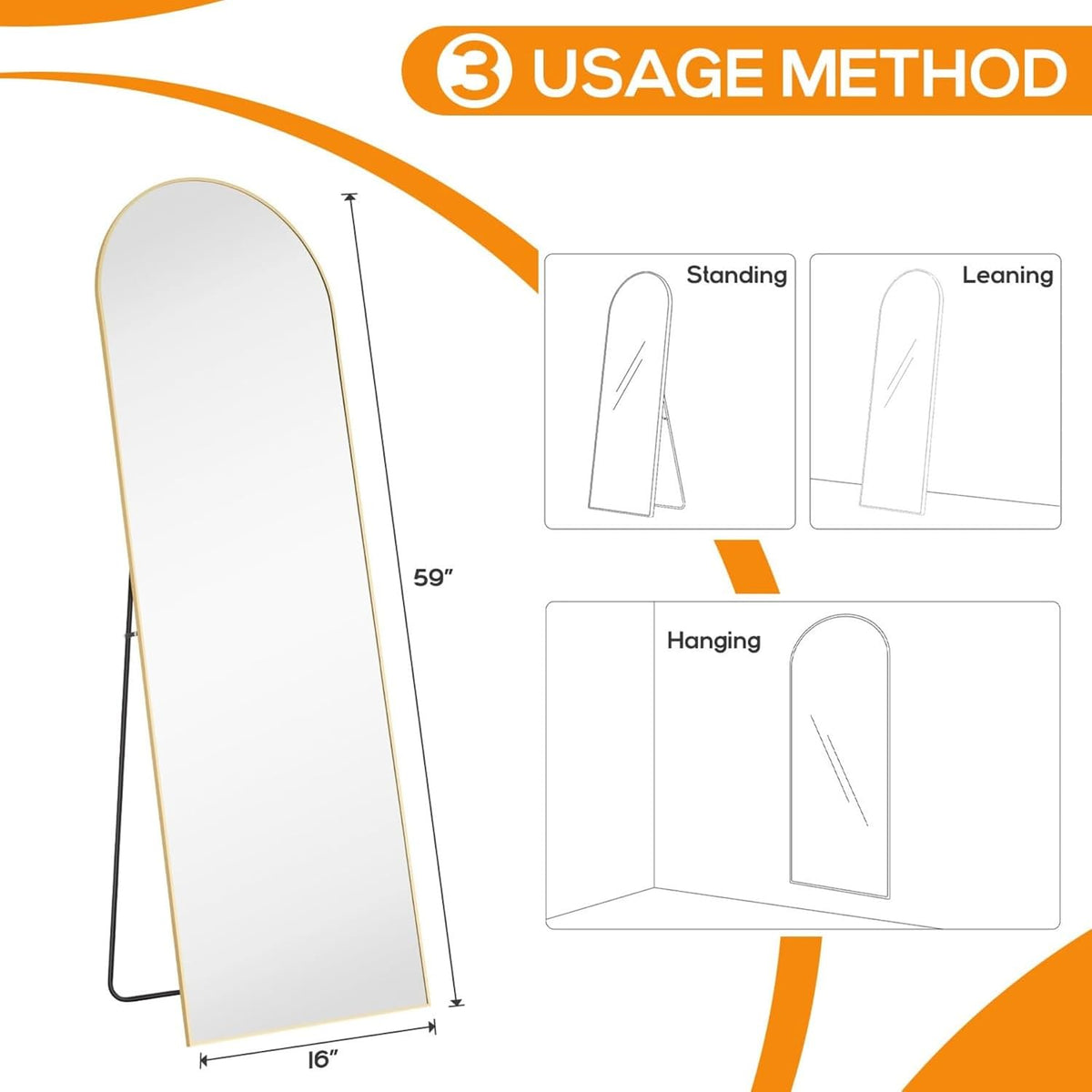 16"x59" Arched Mirror Full Length, Upgraded Body Wall Mirrors