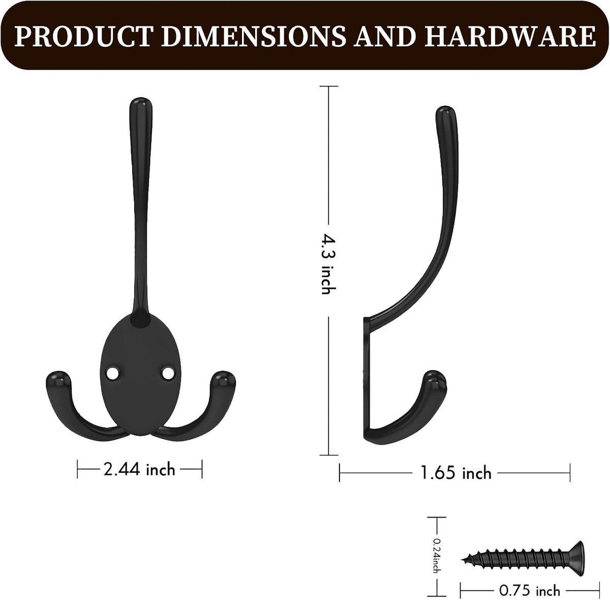 10 Pack Coat Hooks Heavy Duty, Strong Load-Bearing Capacity, Wall Hooks for Hanging, Metal Towel Hook, Easy Installation, Apply to Bathrooms, Bedrooms, Living Rooms, Entrances (Black)
