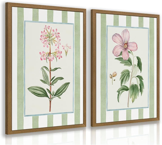 RLKHG Wood Framed Vintage Botanical Wall Art Set of 2, Green Stripe Floral Poster Prints, Classic Botanical Illustration Wall Decor, Cottagecore Farmhouse Artwork for Bedroom Hallway 12x16 Inch