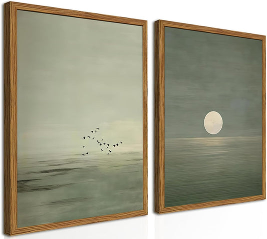 Framed Sage Green Japanese Canvas Wall Art Set of 2, Minimalist Moon and Birds Pictures Wall Decor, Neutral Landscape Artwork Paintings Prints Zen Home Decor for Living Room Bedroom Office 12x16 inch