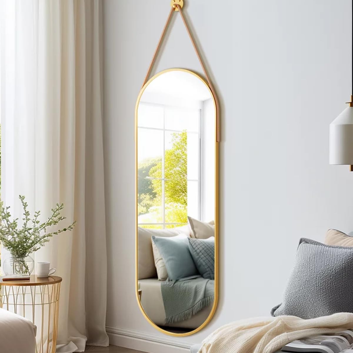 Dewfig 48"x16" Full Length Mirror, Oval Wall Mirror, Leather Strap, Gold