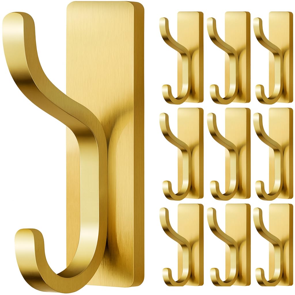 Adhesive Wall Hooks for Towel/Coat,13Lb Strong Stick-On Hooks, Gold 4 Pack