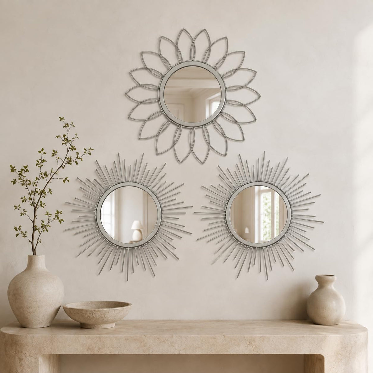 Boho Sunburst Wall Mirror Set of 3, 12 Inch Round Antique & Modern Metal Wall Art, Hanging Over The Door Mirrors for Wall Decor in Living Room, Bedroom, Bathroom, Entryway（Gold）