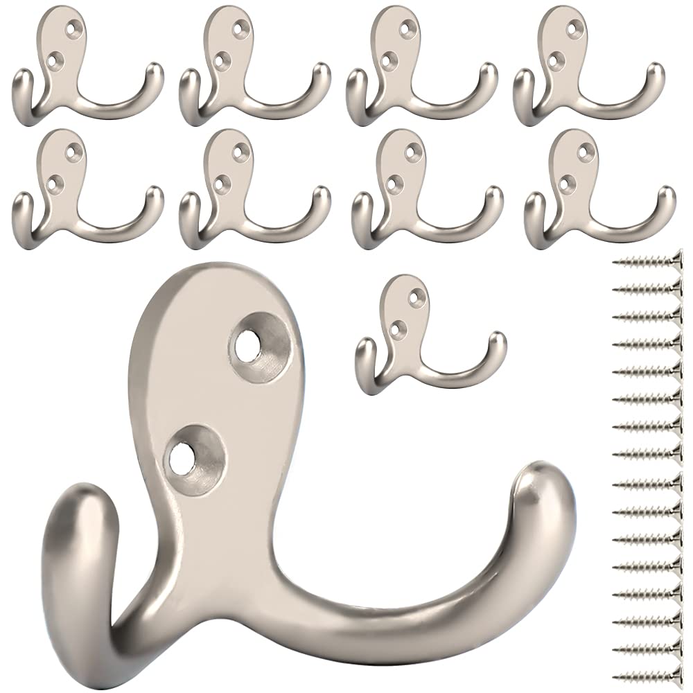 IBosins 8 Pack Silvery Double Prong Coat Hooks Wall Mounted with 16 Screws