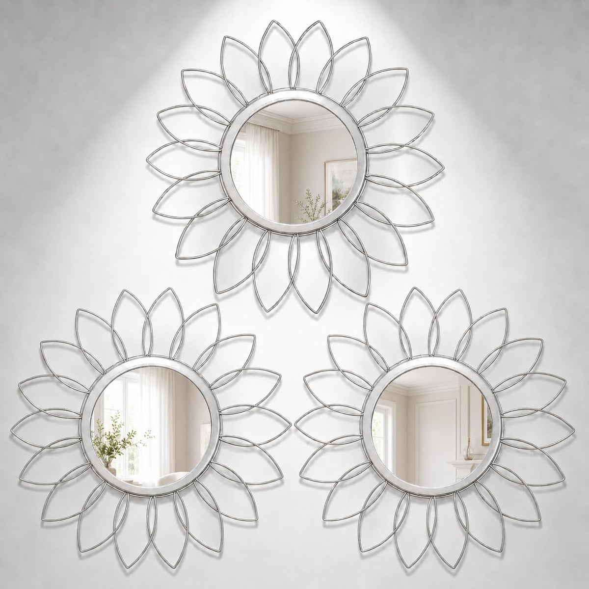 Boho Sunburst Wall Mirror Set of 3, 12 Inch Round Antique & Modern Metal Wall Art, Hanging Over The Door Mirrors for Wall Decor in Living Room, Bedroom, Bathroom, Entryway（Gold）