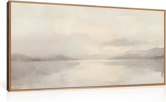 LHIUEM Large Abstract Neutral Beige Pastel Framed Canvas Wall Art,Modern Watercolor Lakes Wall Decor,Nature Mountain Minimalist Artwork for Living Room,Bedroom,Dining Room,Office-20 x40 x1