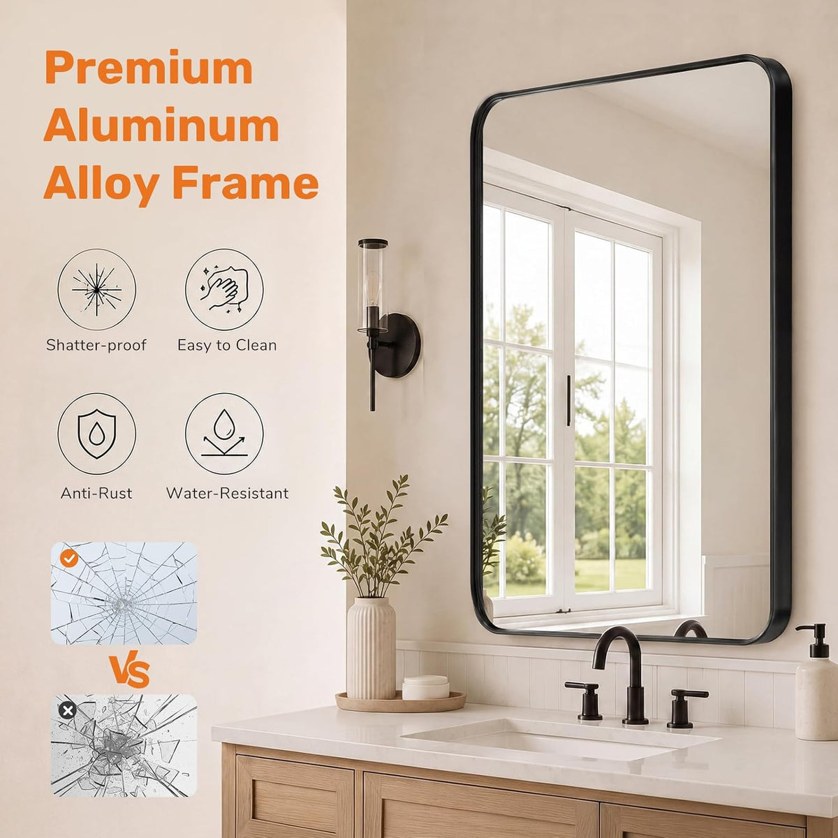 Sweetcrispy Bathroom Wall Mirror, 36x24 Inch Mirror for Over Sink, Black