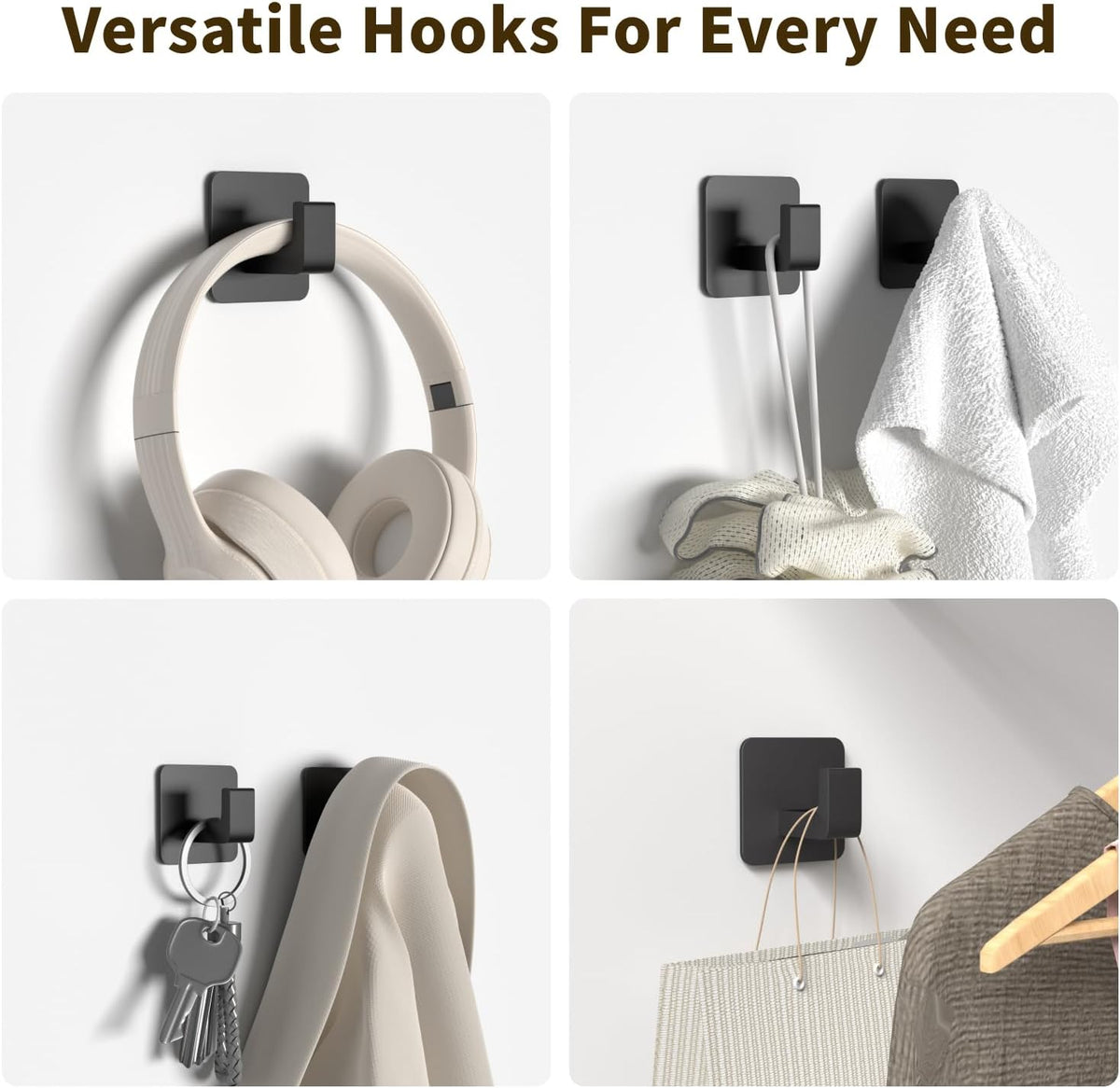 GWAAZXGZ Square Self Adhesive Towel Hooks - 4 Pack Matte Black Metal Hooks, Right-Angle Design for Towels, Robes & Hats, Organize Bathroom, Kitchen, Entryway, Doors, Cabinets on Smooth Surfaces
