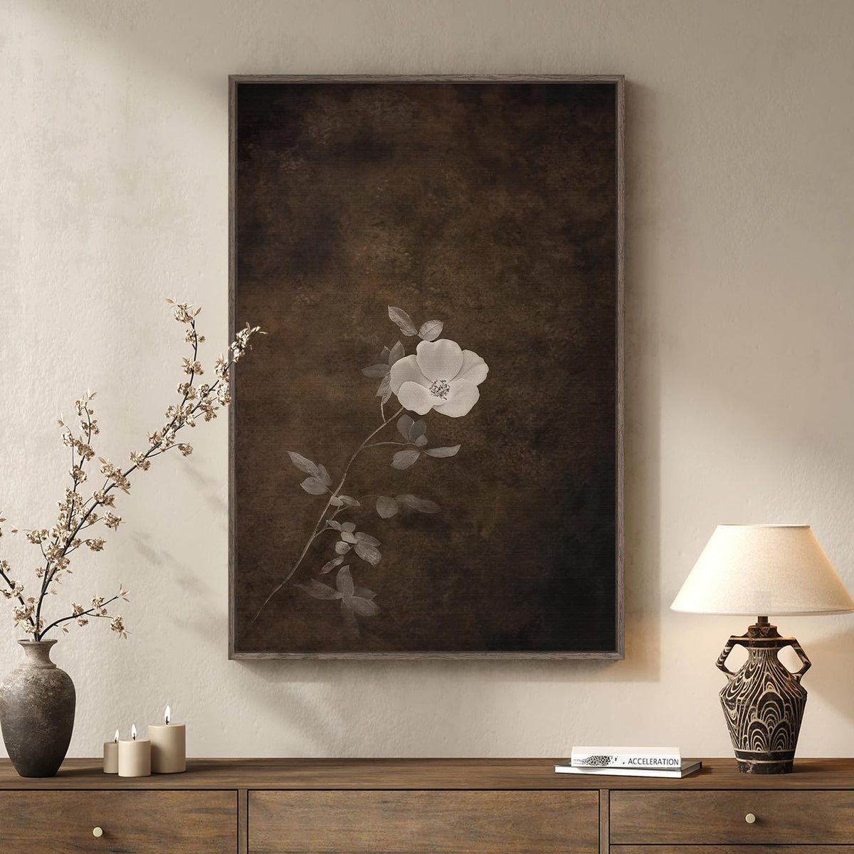 Framed Vintage Neutral Rustic Botanical Bird Chinoiserie wall art, 24x36 In