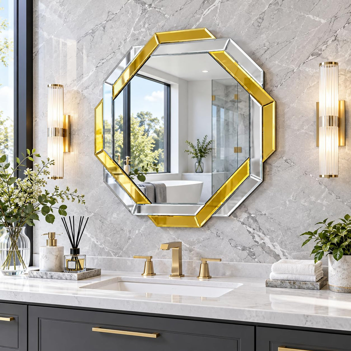 Black Bathroom Mirror-24”X24” Wall Mirrors Decorative, Beveled Edge Frameless Mirror for Wall Bathroom, Vanity Room, Bedroom, Living Room and Enterway