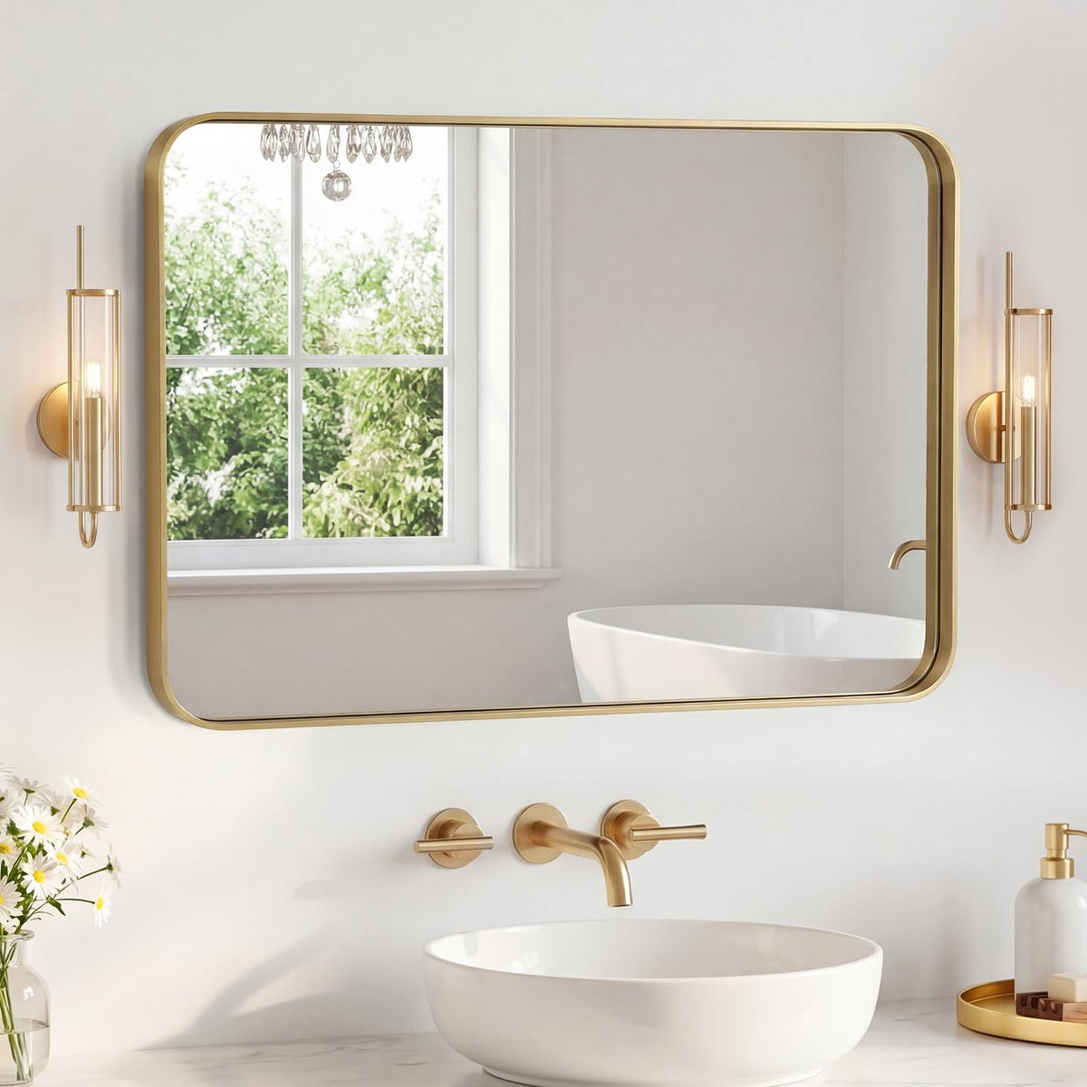 NEWBULIG 20X30 Inch Arched Bathroom Wall Mirror for Over Sink, Gold