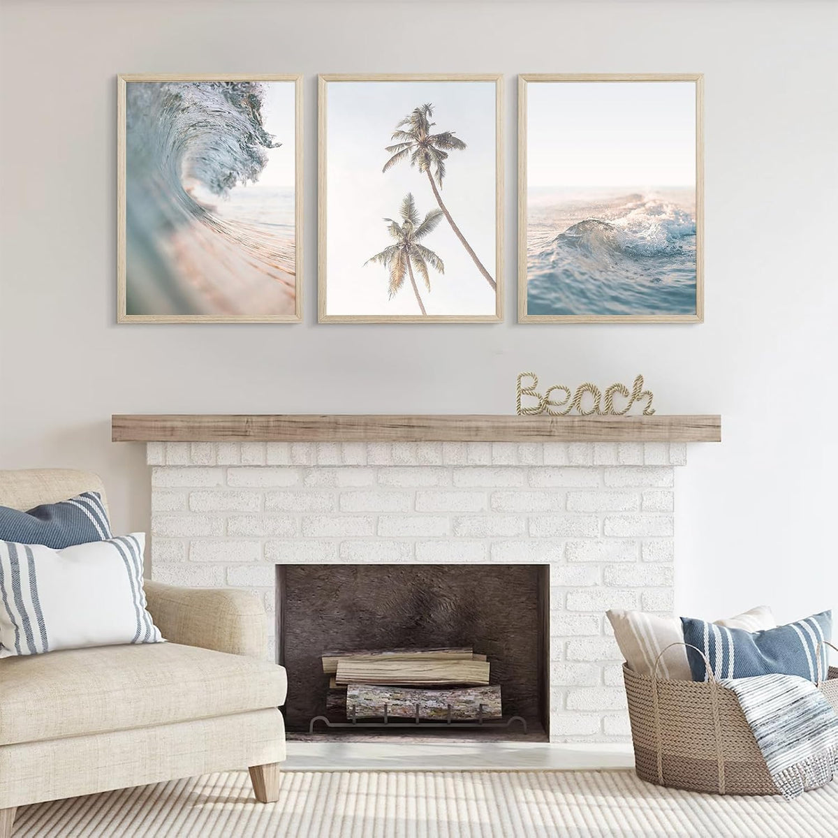 Lhoiplme Beach Wall Art Decor Coastal Ocean Poster Palm Tree Canvas Wall Decor Beachy Room Aesthetic Pictures Blue Waves Prints Beach Coasta Artwork for Bedroom Living Room 12x16 Inch Framed Set of 3