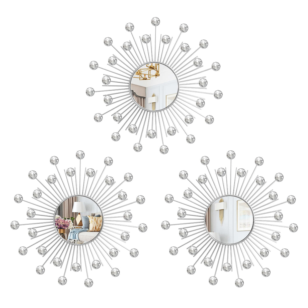 3 Pack Metal Mirrors for Wall Gold Sunburst Wall Mirror Home Decor Accent