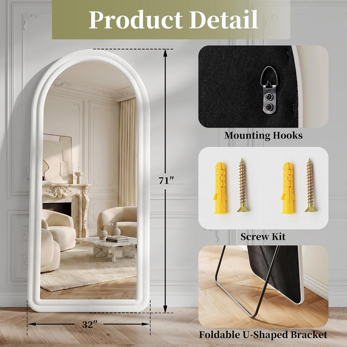 Koonmi 71"x32" Arched Full Length Mirror, Floor Mirror with Stand