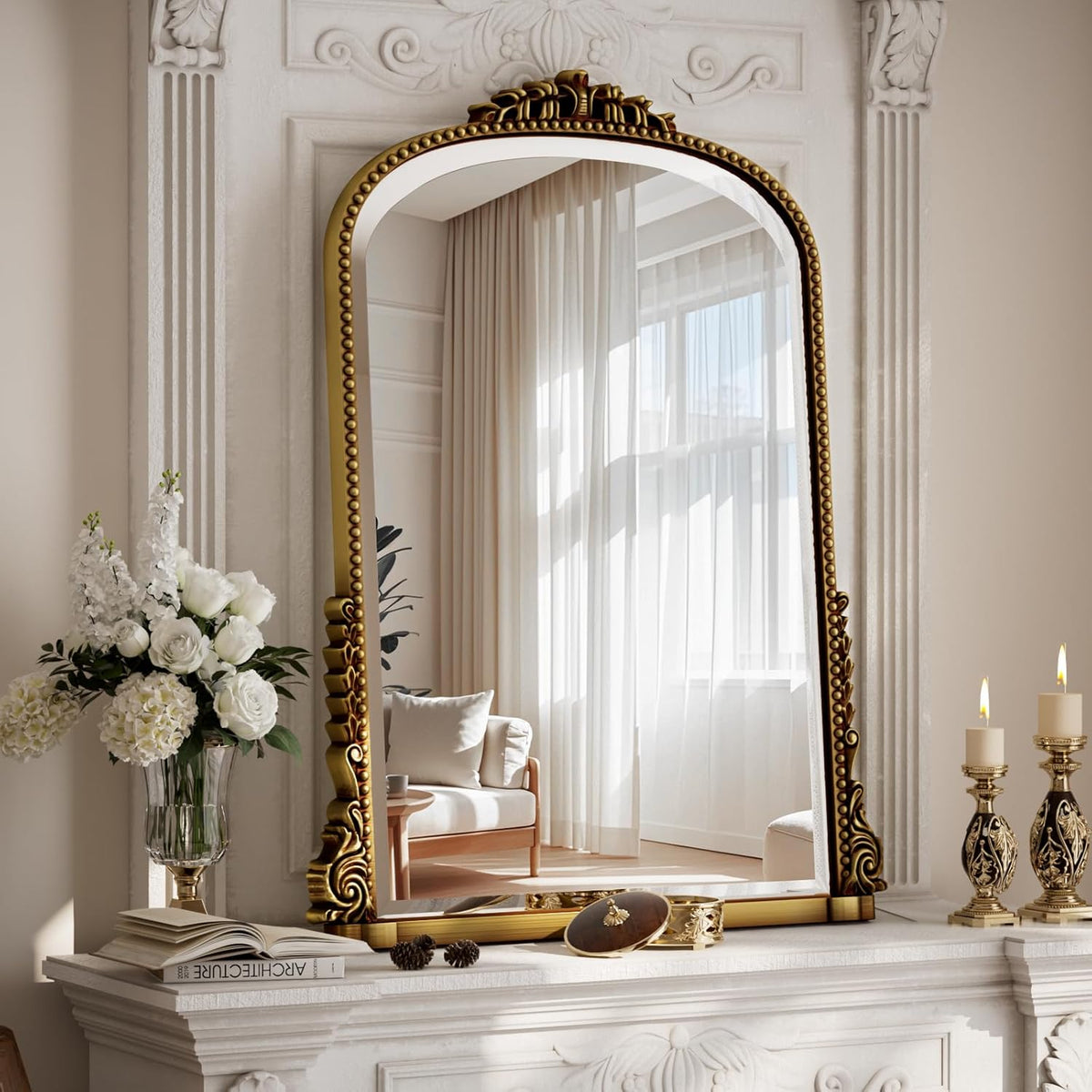 24"×32" Gold Arched Wall Mirror with Vintage Carving