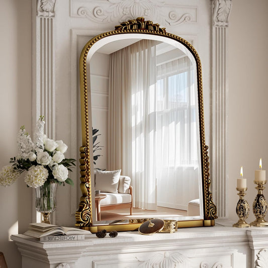 24"×32" Gold Arched Wall Mirror with Vintage Carving