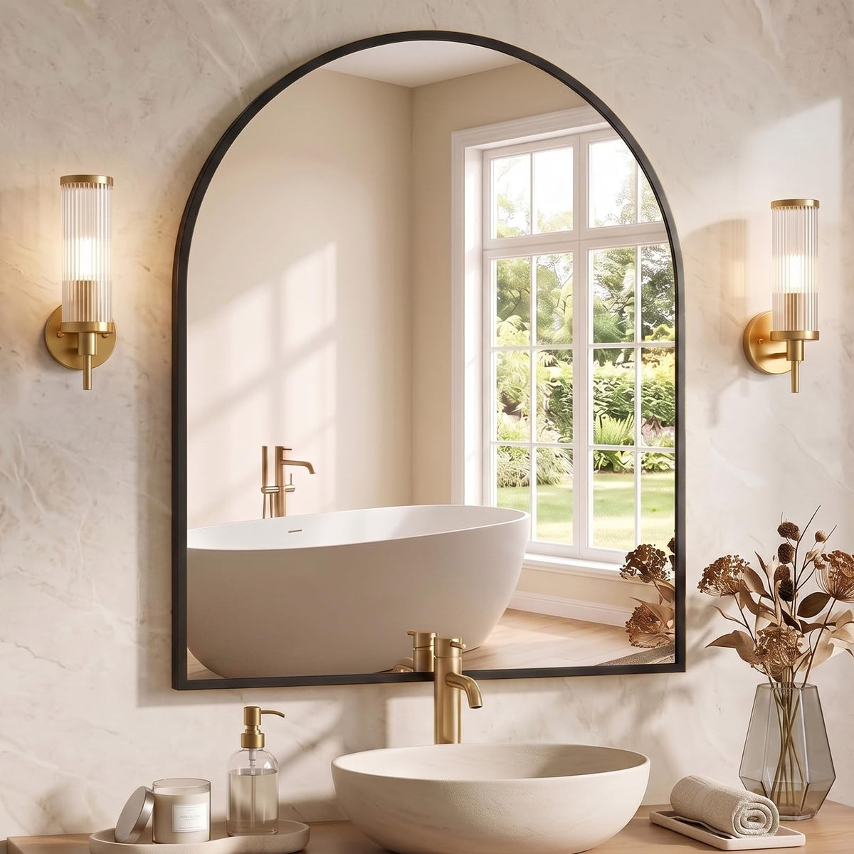 NEWBULIG 20X30 Inch Arched Bathroom Wall Mirror for Over Sink, Gold