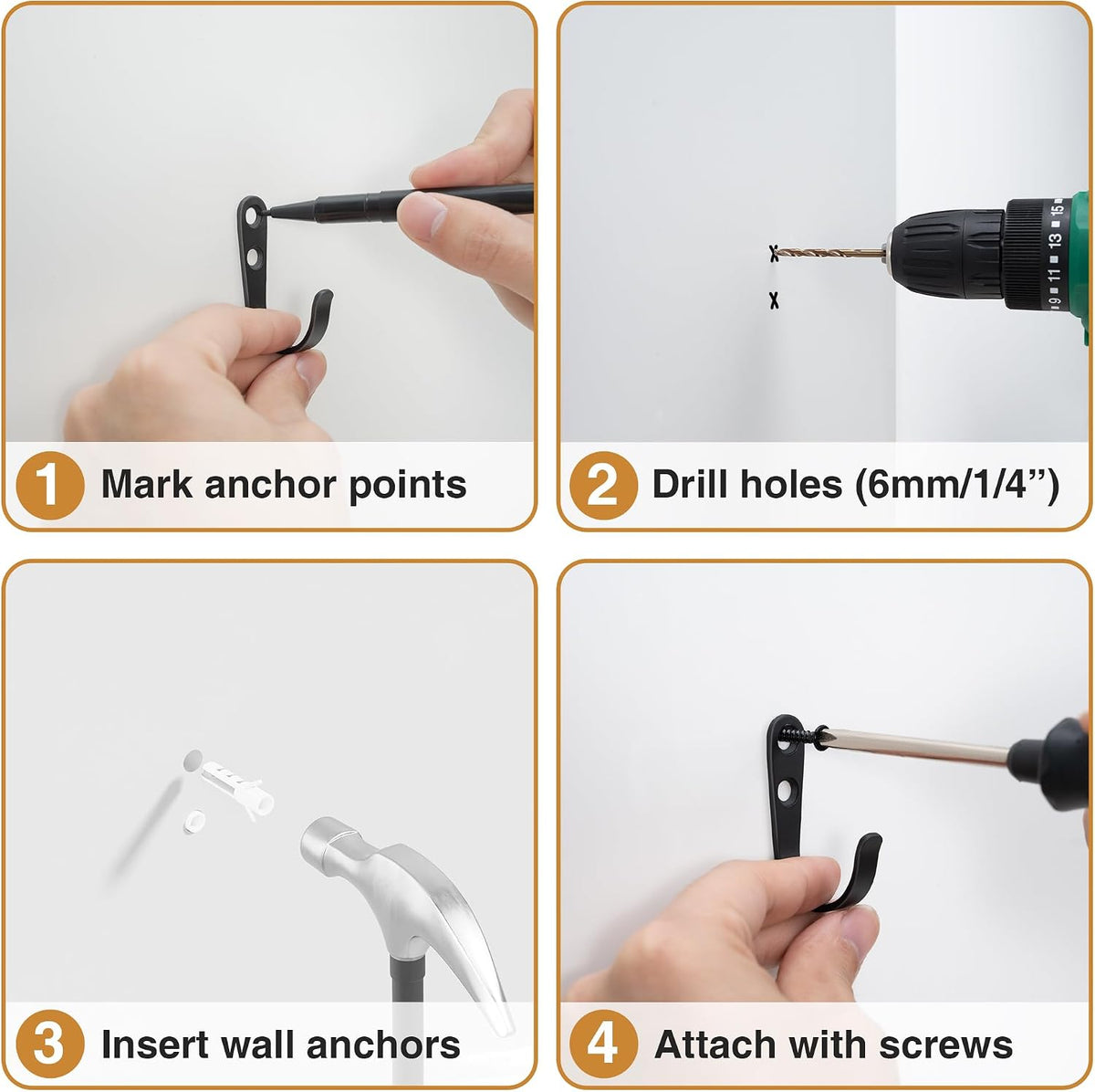 10Pcs Wall Hooks, Black Metal Coat and Towel Hooks, Holds Up to 40 lbs