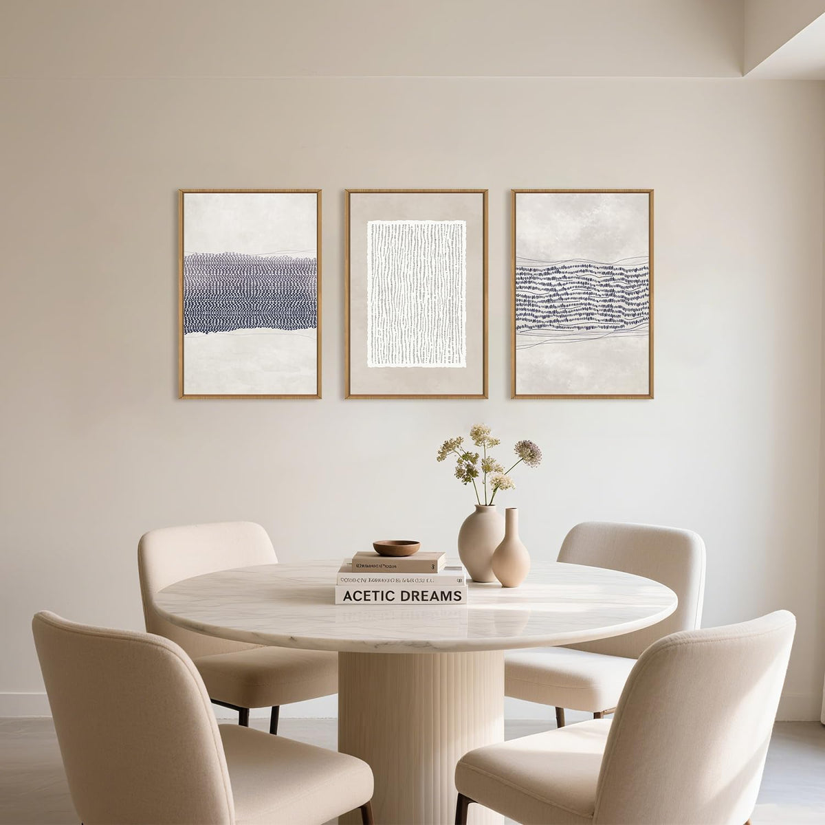 HOURIA Blue White Abstract Neutral Framed Canvas Wall Art Set- 16"x24"x3