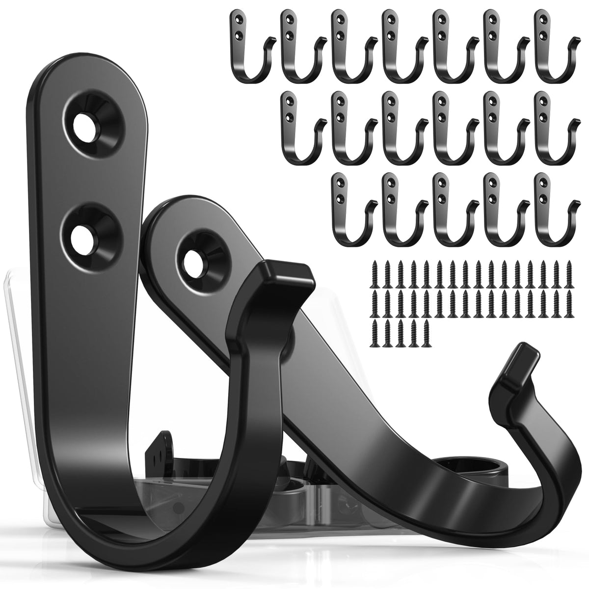 BREYDROK 20-Pack Coat Hooks for Hanging, Heavy Duty Black Metal Wall Hooks