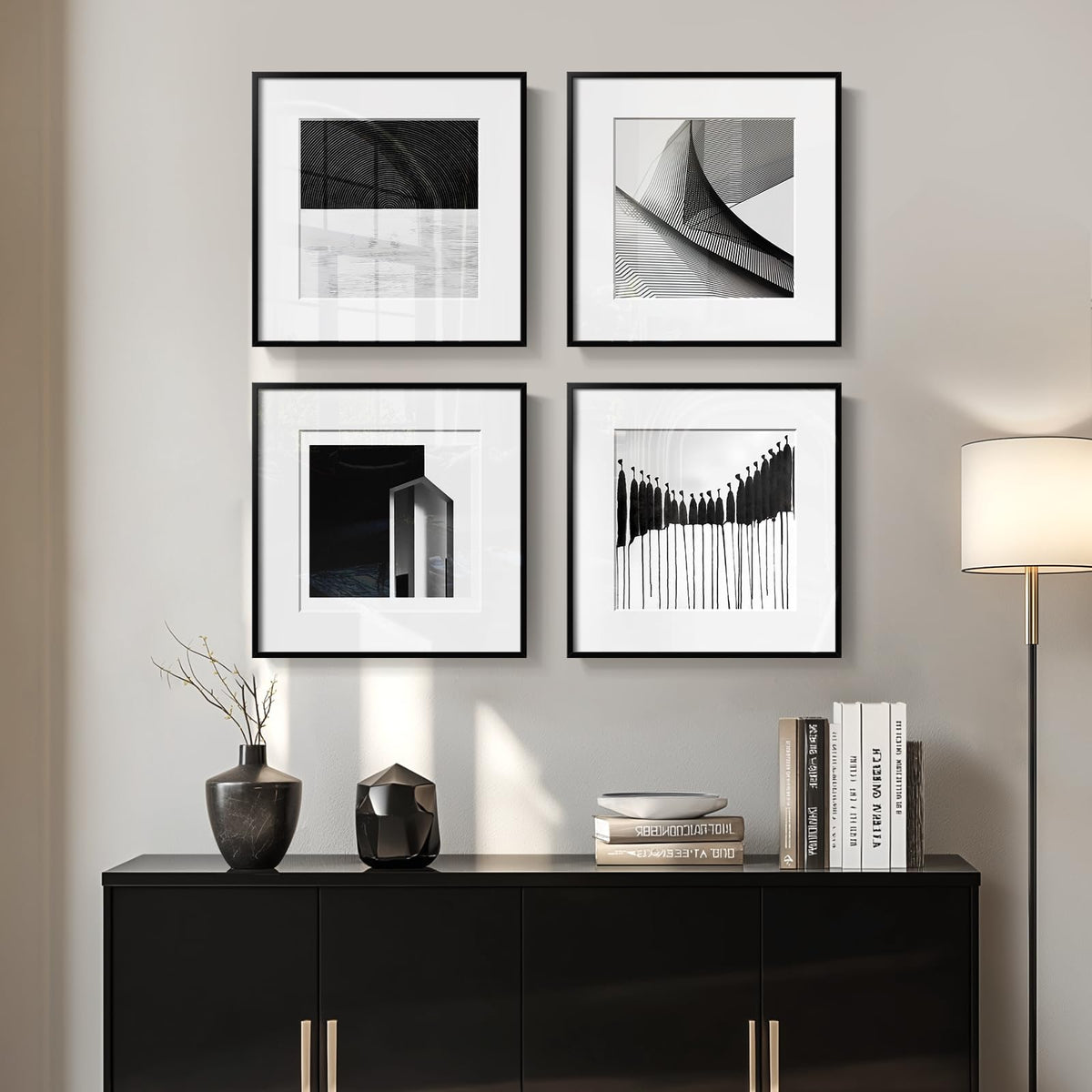 4 Piece Framed Neutral Abstract Modern Wall Art for Living Room, 12x12 In