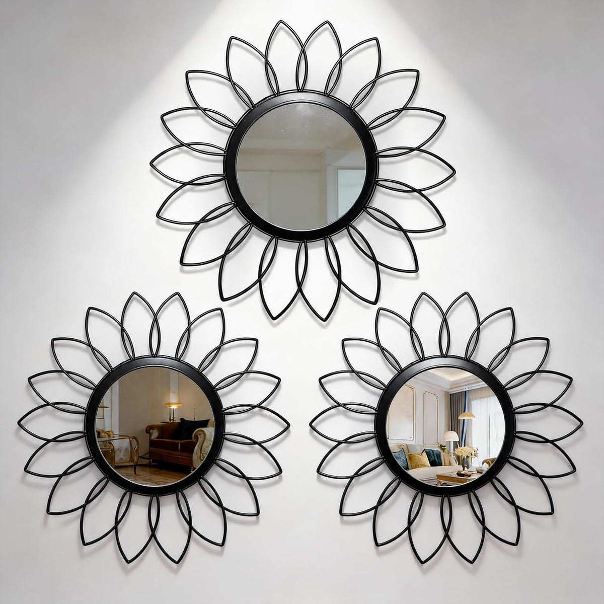 Boho Sunburst Wall Mirror Set of 3, 12 Inch Round Antique & Modern Metal Wall Art, Hanging Over The Door Mirrors for Wall Decor in Living Room, Bedroom, Bathroom, Entryway（Gold）