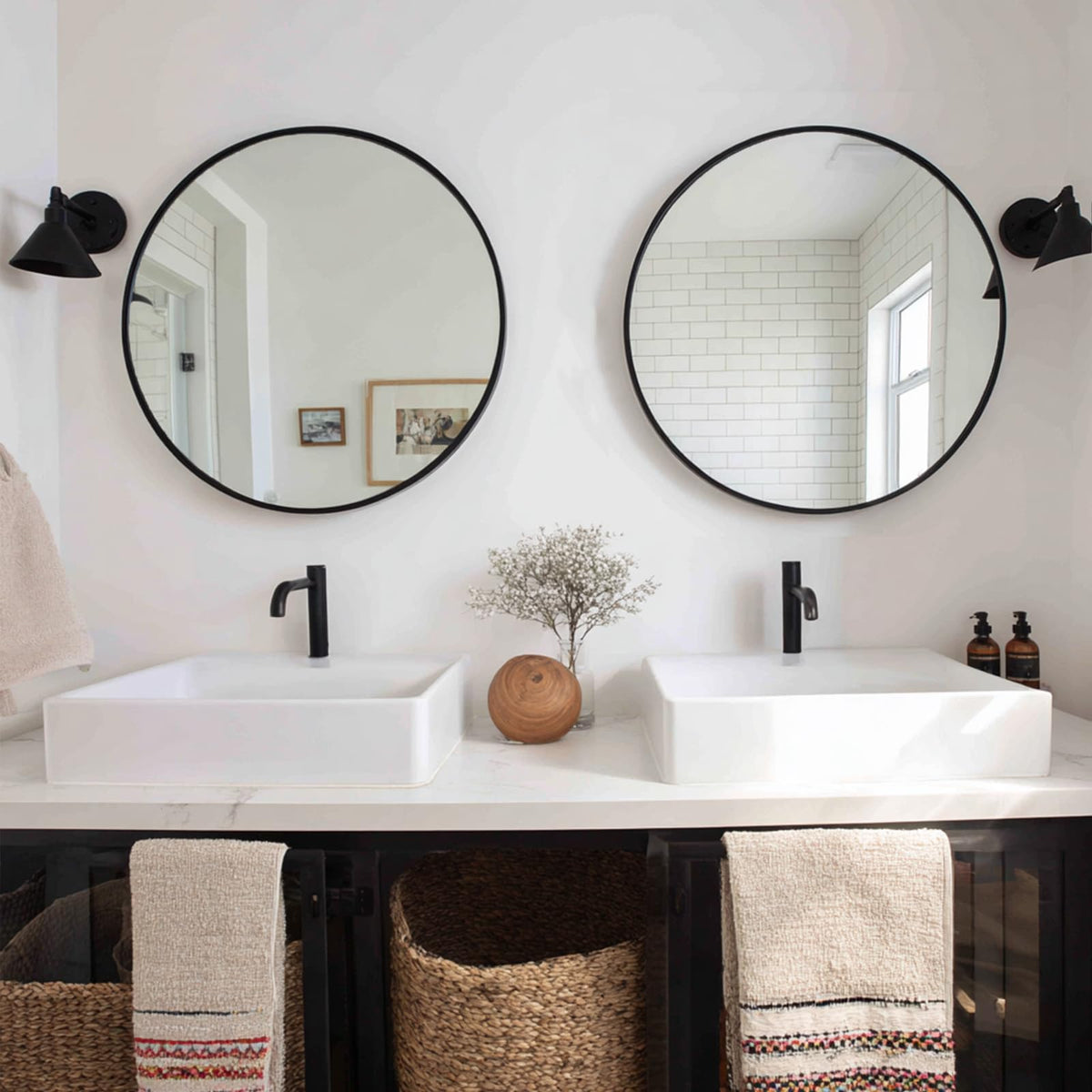 Oruii Round Mirror, 24 inch Black Circle Mirror, Matte Black Metal Frame