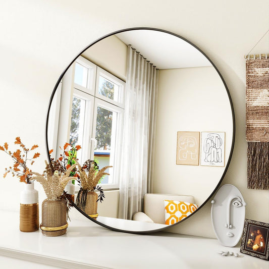 VooBang Black Round Bathroom Mirror 30", Thin Metal Frame Wall Mirror