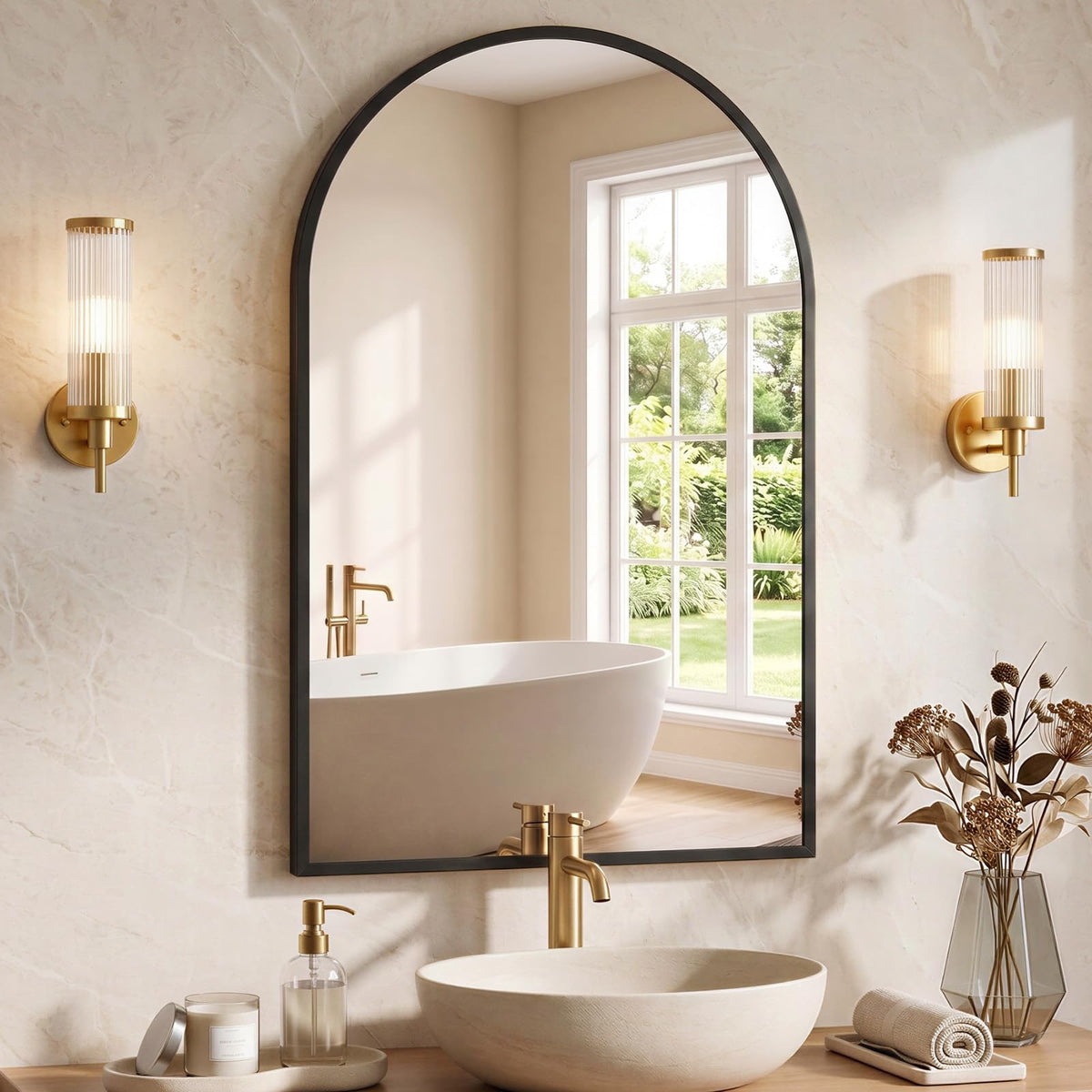 NEWBULIG 20X30 Inch Arched Bathroom Wall Mirror for Over Sink, Gold