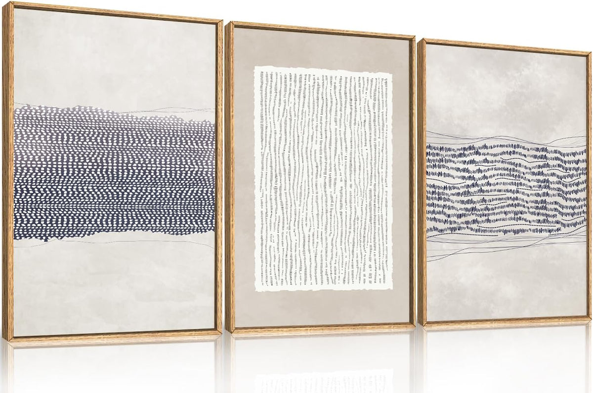 HOURIA Blue White Abstract Neutral Framed Canvas Wall Art Set- 16"x24"x3