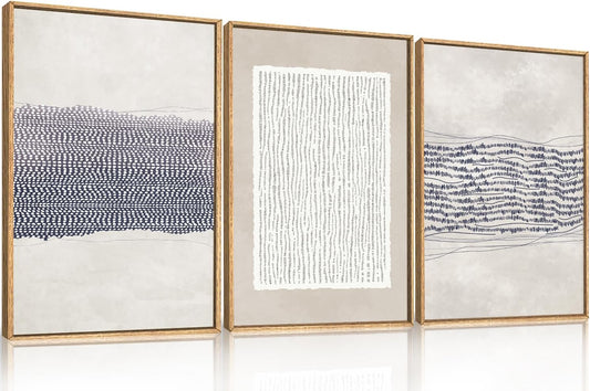 HOURIA Blue White Abstract Neutral Framed Canvas Wall Art Set- 16"x24"x3