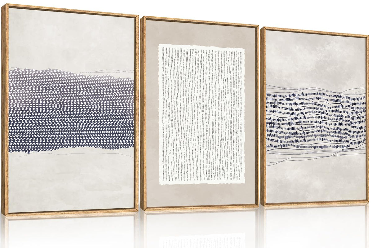 HOURIA Blue White Abstract Neutral Framed Canvas Wall Art Set- 16"x24"x3