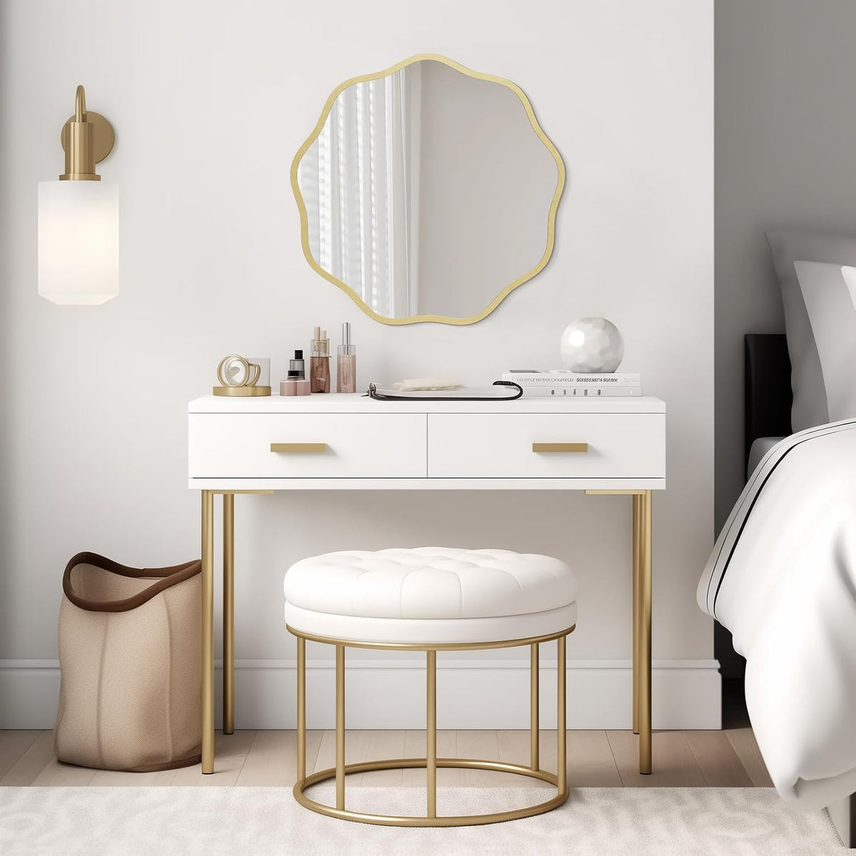 WallBeyond Round Wavy Mirror for Wall Decorative 20 inch, Modern Round Mirror Aluminum Frame for Bathroom Bedroom Living Room Home House Office Entryway, Gold