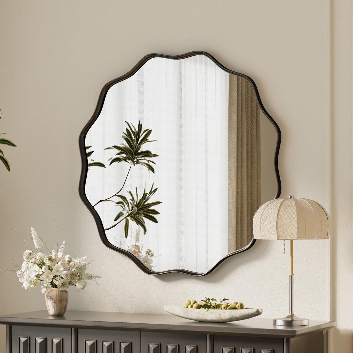VooBang Gold Scalloped Circle Mirror, 24" Wavy Edge Round Wall Mirror