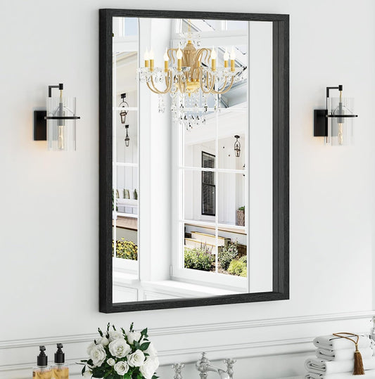 Syndra Black Wood Frame Bathroom Mirror, 30''x40'' Modern Vanity Mirror for Wall, Waterproof Slim Deep Frame, Rectangular HD Tempered Glass Mirror for Living Room, Bedroom, Entryway, Rustic, Farmhouse