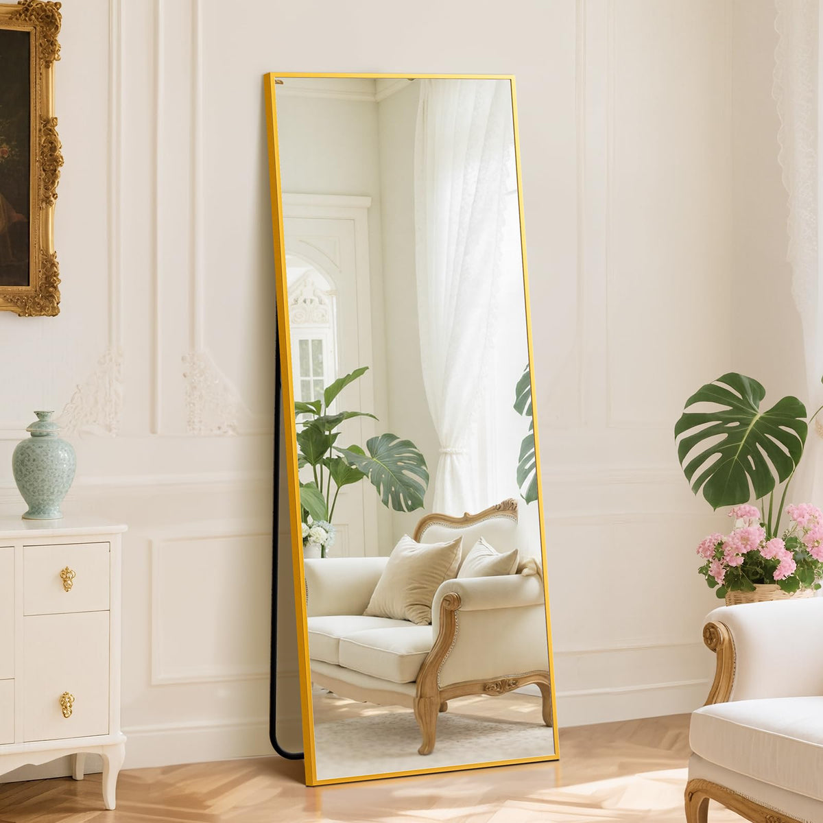 DUMOS 64"x21" Arched Full Length Floor Mirror, Full Body Mirror, Gold
