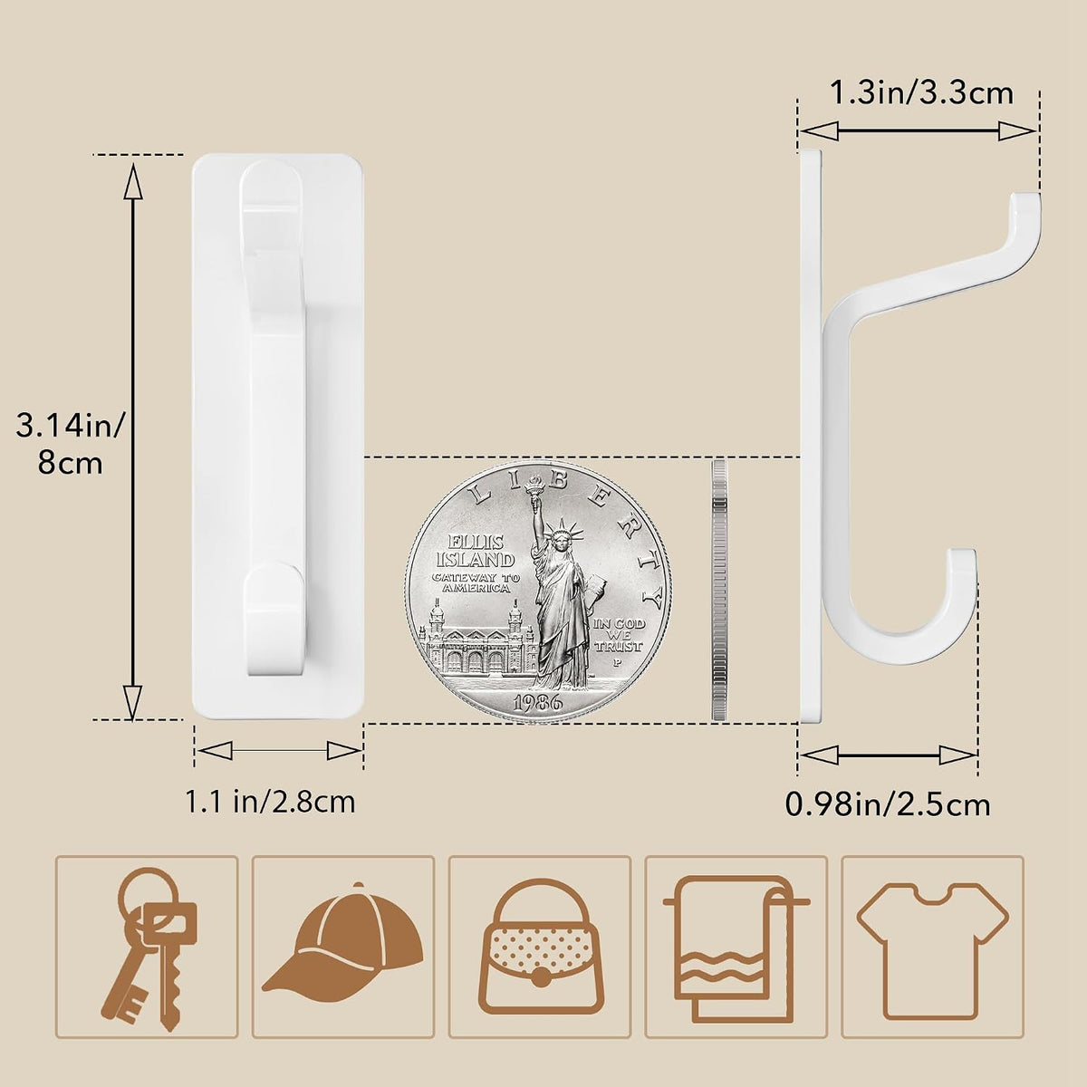 pickpiff 13LB Strong Stick-on Hooks for Coat & Towel, White 4 Pack