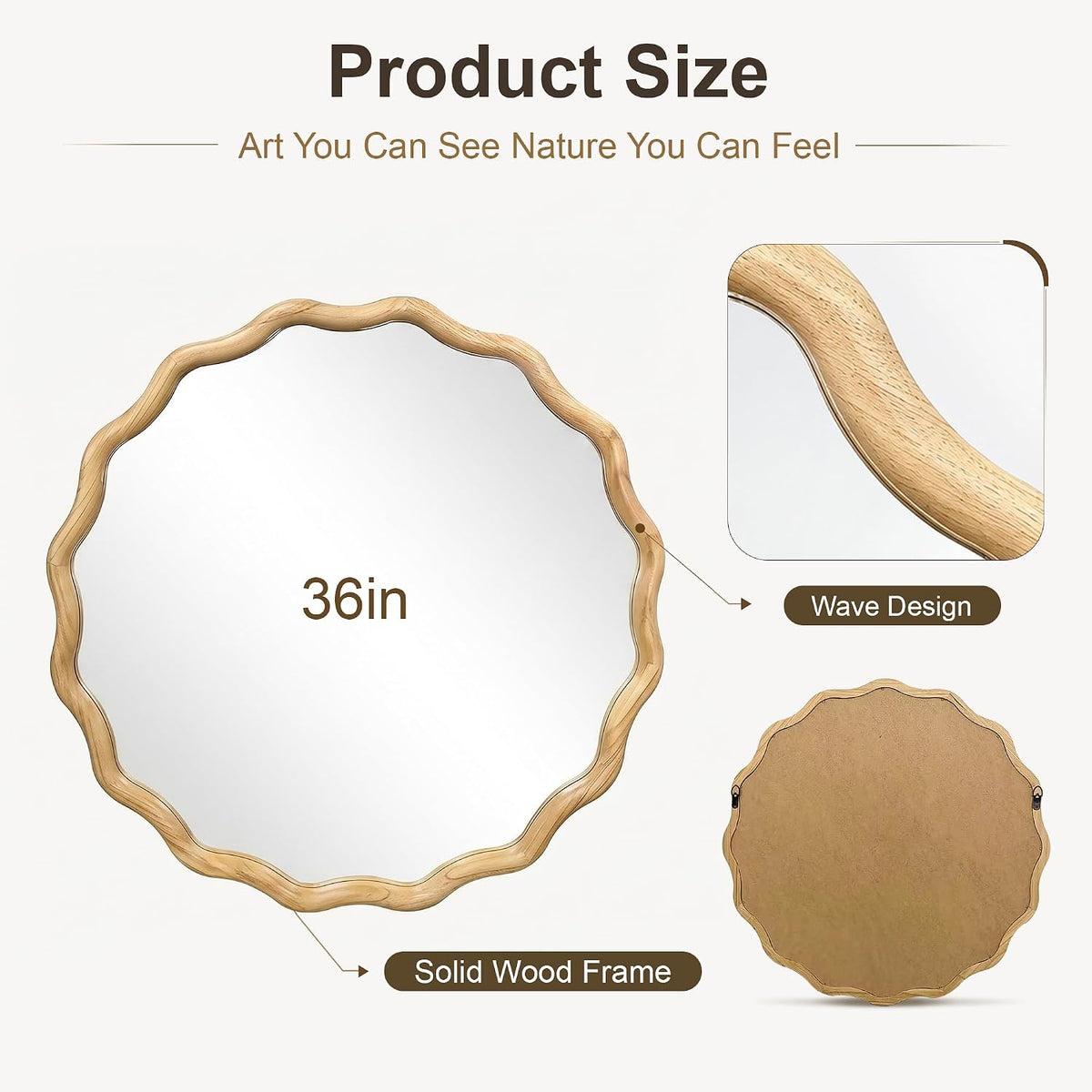 FICTOR Round Wood Wall Mirror, 36" Boho Wavy Circle Mirror