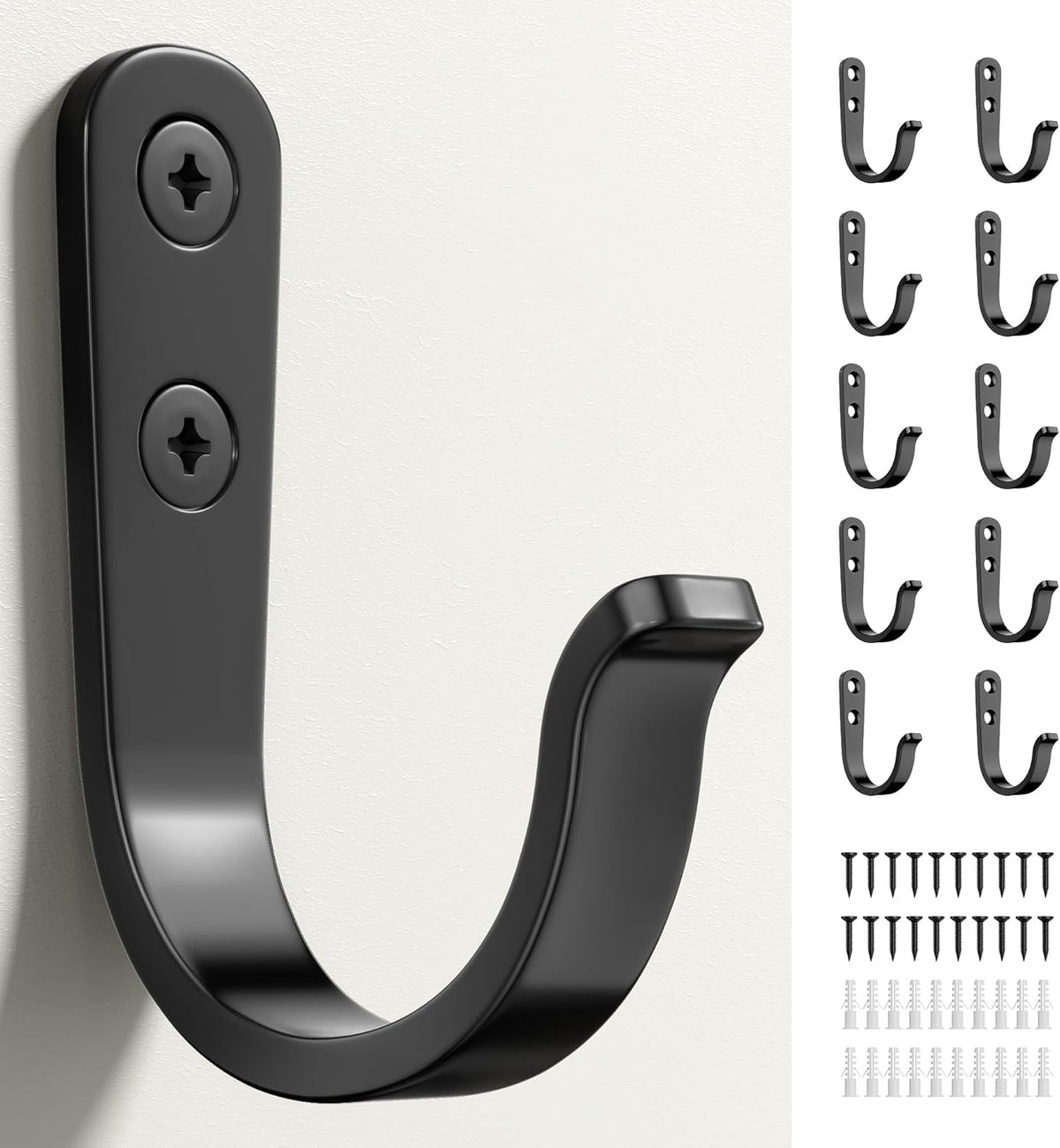 10Pcs Wall Hooks, Black Metal Coat and Towel Hooks, Holds Up to 40 lbs