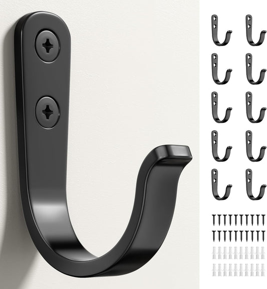 10Pcs Wall Hooks, Black Metal Coat and Towel Hooks, Holds Up to 40 lbs