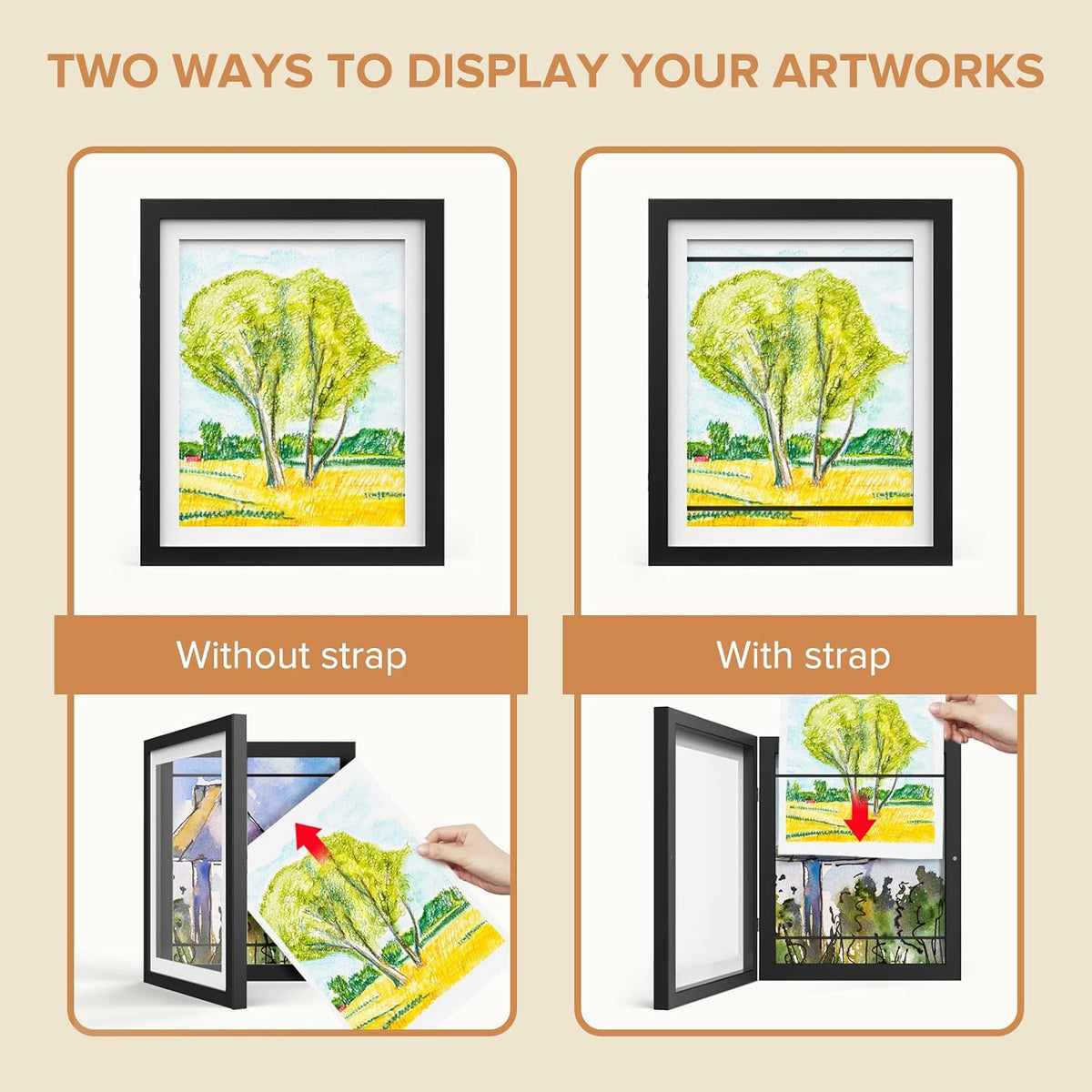 2 Pack Kids Art Frame, Kids Artwork Frames Changeable 8 x10.5 with Mat and 9 x12 Without Mat, Black Front Opening Children Picture Storage Frame for Wall Holds 50Pcs Crafts, Drawing, Art Projects