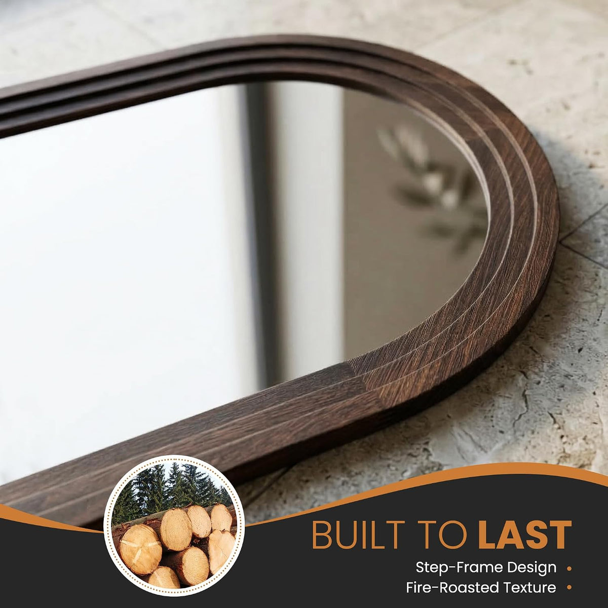 Arched Bathroom Mirror, 38"x26" Brown Wood Frame Wall Mirror