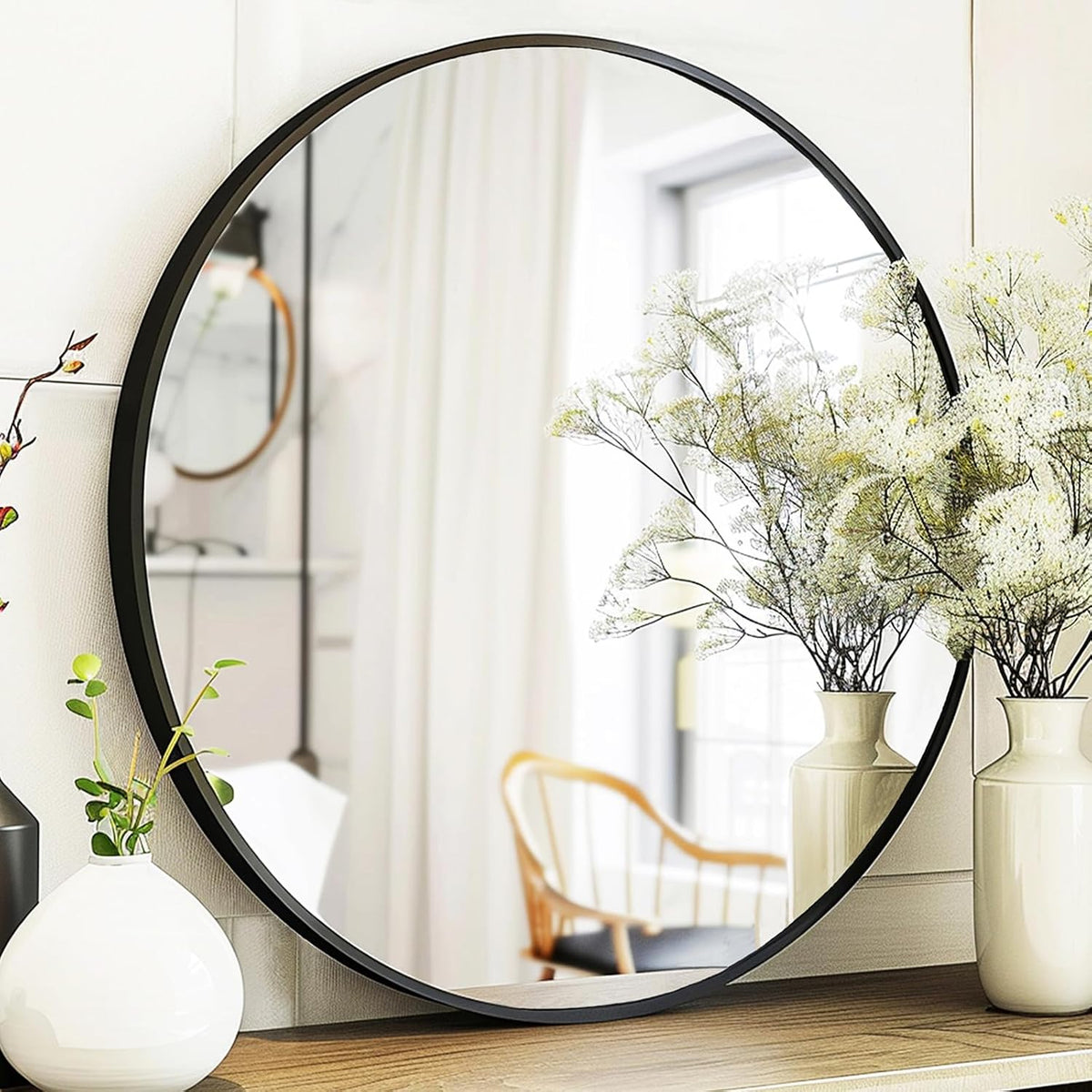 Sunniry Black Round Mirror, Round Mirror 24 inch, Matte Black Metal Frame