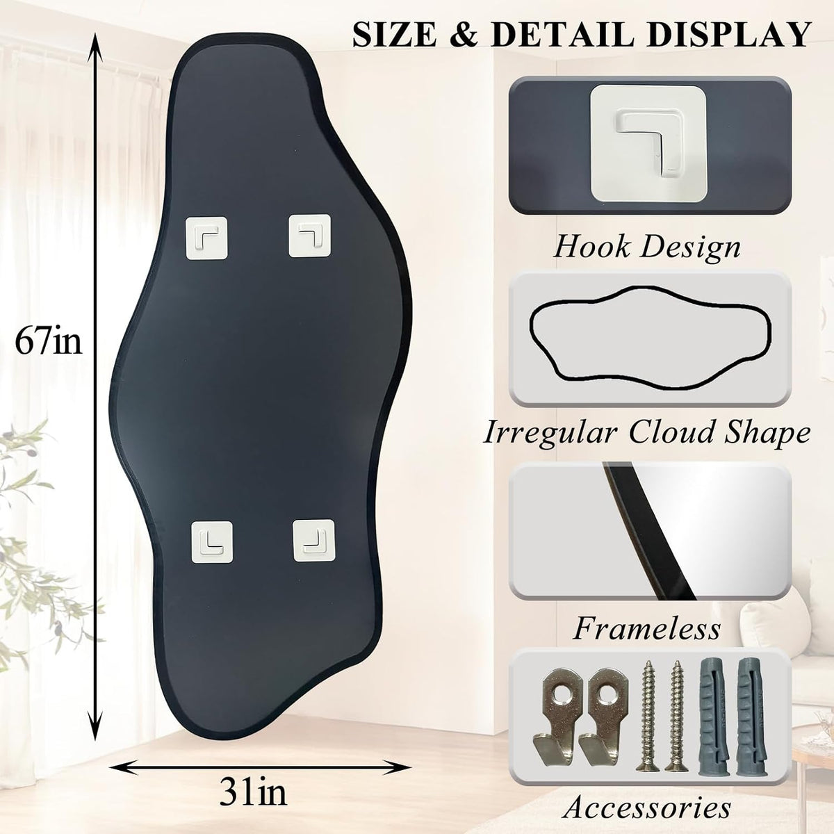 67"x31" Irregular Full Length Mirror, Abstract Frameless Mirror