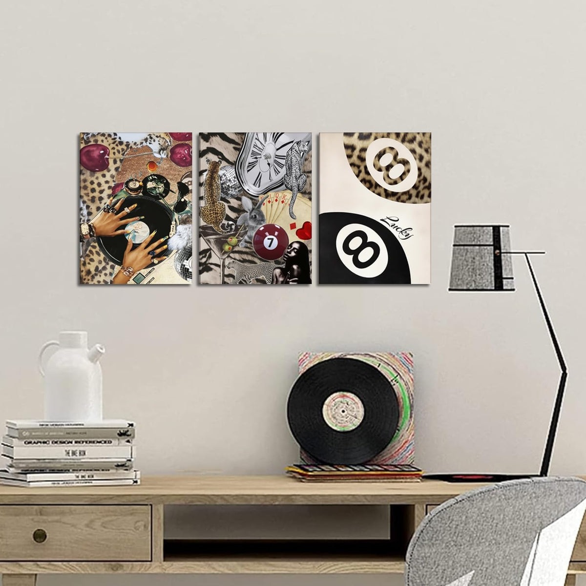 Fashion Cheetah Wall Art Set of 3 Leopard Wall Decor Pictures Lucky 8 Ball Poster Canvas Painting Prints Dark Red Cheetah Artwork for Bedroom Living Room Framed 16x24 inch