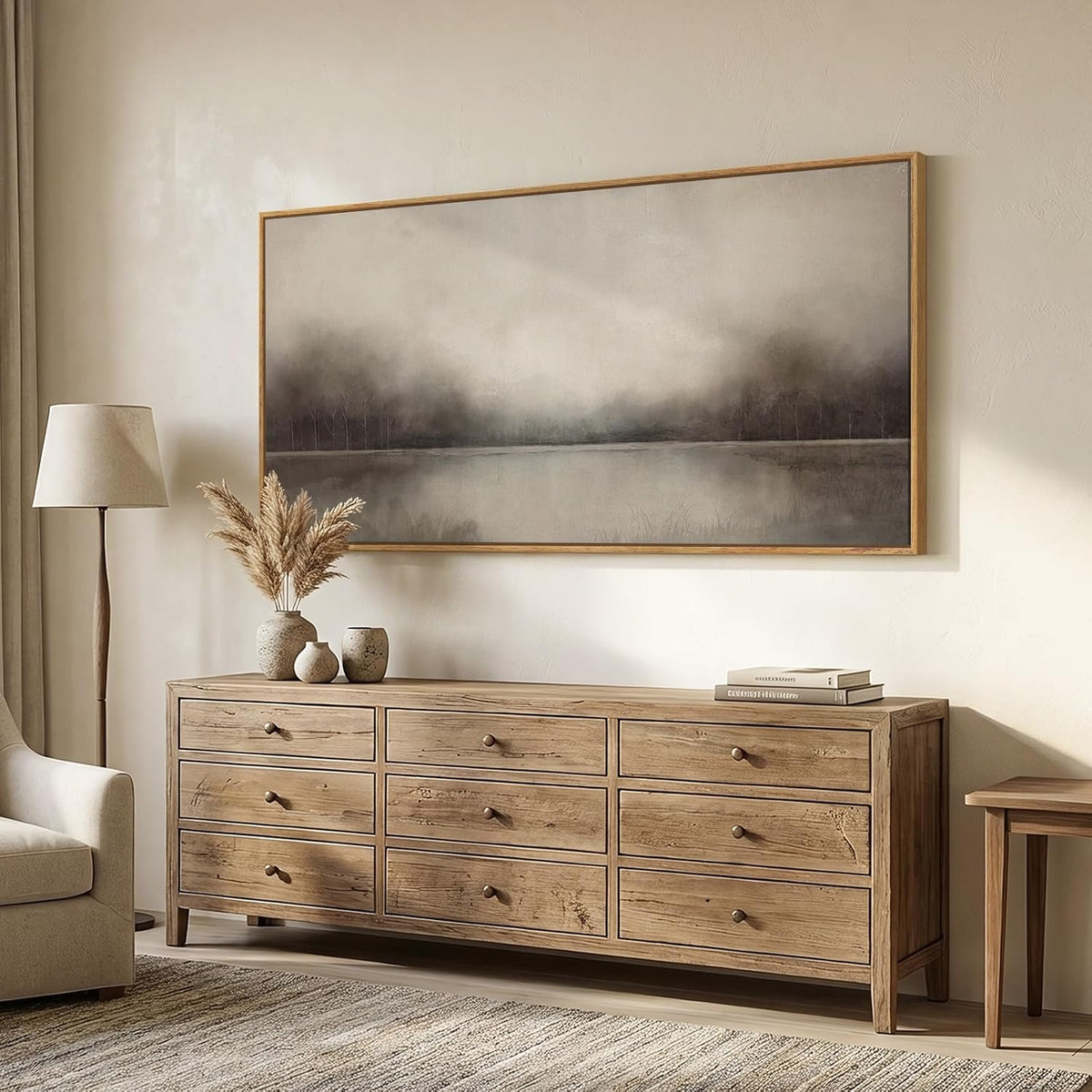 Large Framed Neutal Abstract Landscape Wall Art for Living Room, 60x30 In