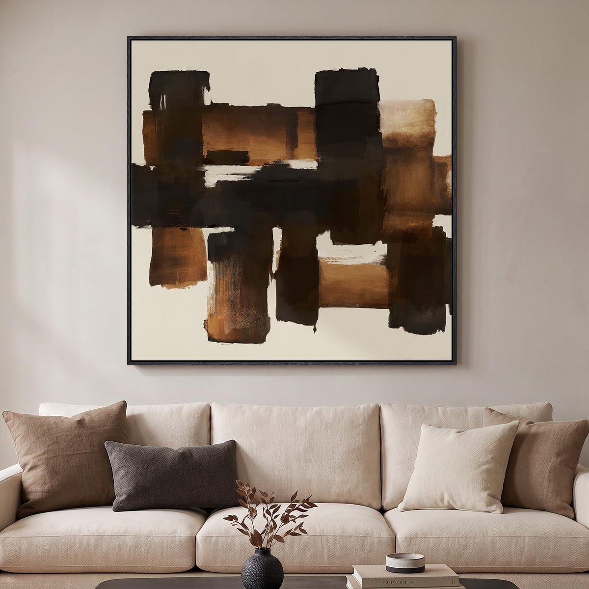 Framed Neutral Organic Abstract Canvas Wall Art for Dining Room, 30x30 Inch