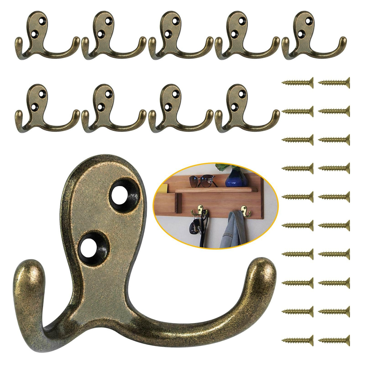 Homanu 14 Pack Black Coat Hooks Wall Mounted Double Prong with 28 Screws